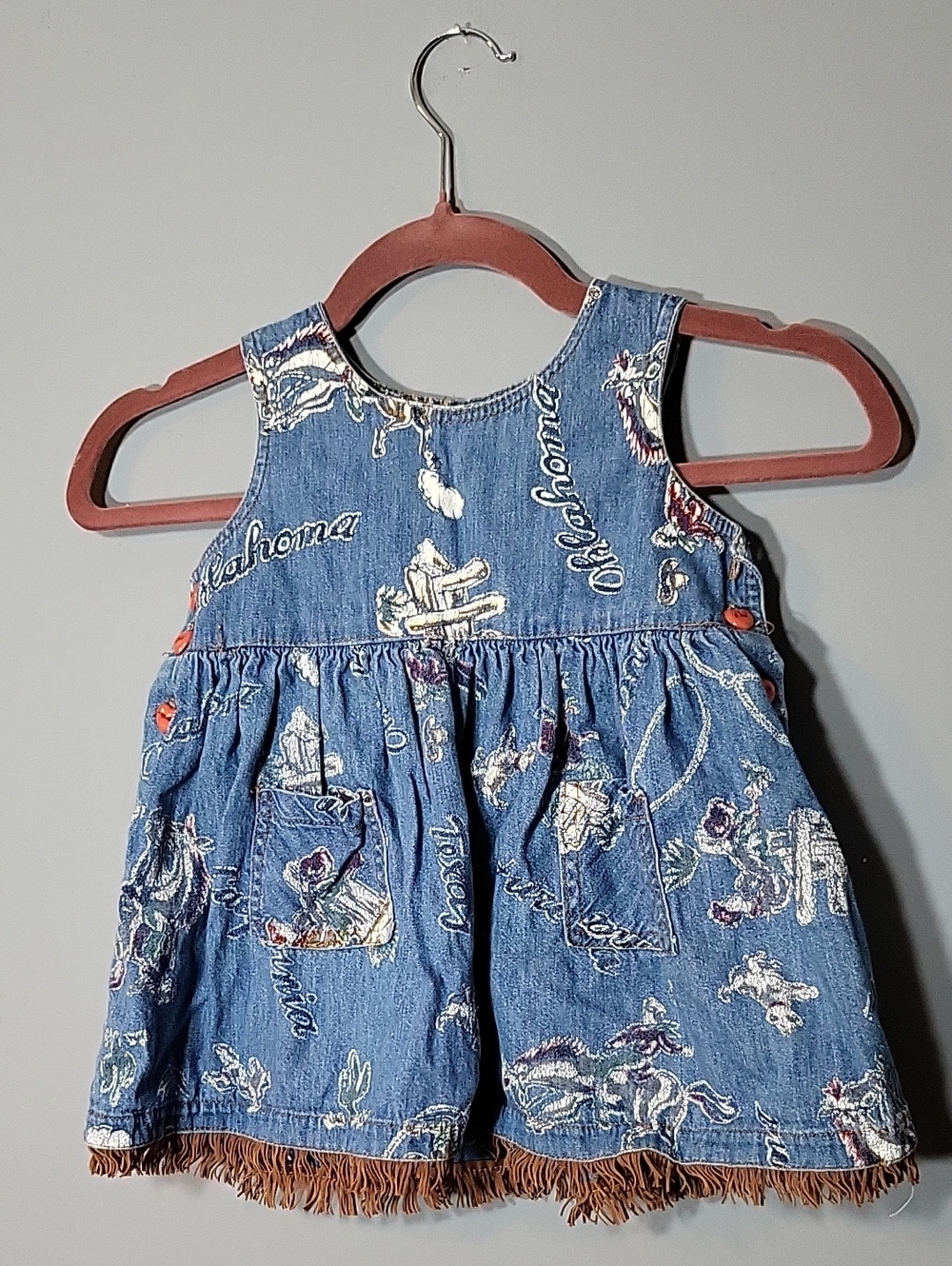 Vintage Rodeo Size 3T Denim Toddler Dress with Fringe Horses Heart Buttons